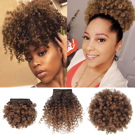 Synthetic Afro Puff Drawstring Ponytail with Short Kinky Curly Bun with 2 Replaceable Bangs Pineapple Updo Hair for Black Women