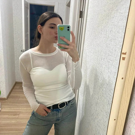 High Quality Plain T Shirt Women Cotton Elastic Basic T-shirts Female Casual Tops Long Sleeve Sexy Thin T-shirt see through