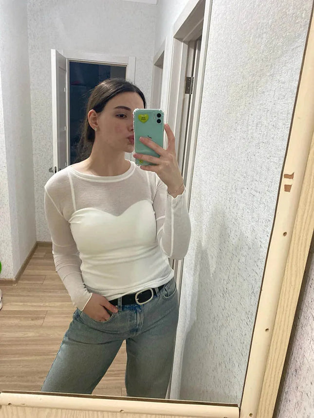 High Quality Plain T Shirt Women Cotton Elastic Basic T-shirts Female Casual Tops Long Sleeve Sexy Thin T-shirt see through