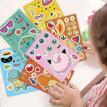 8/16sheets Kawaii Cute Anime Pokemon Pikachu Puzzle Stickers Make a Face DIY Funny Cartoon Assemble Jigsaw Educational Toy Decal