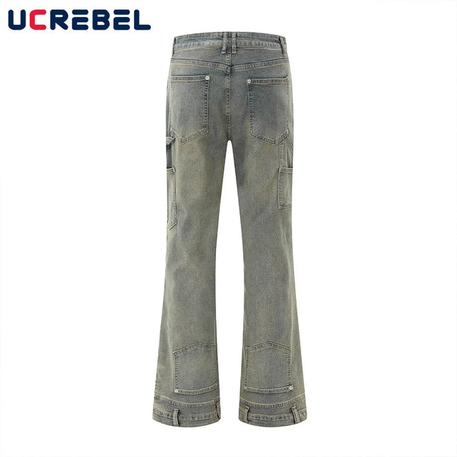 Double Knee Denim Flare Pants Mens Retro High Street Spring Loose Pocket Washed Distressed Carpenter Jeans Men