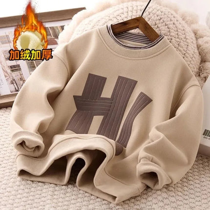 Children's hoodi boys in autumn winter thick letter round neck one-piece velvet casual top 4-14 years old