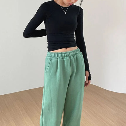 Women Casual Slim Fit Long Sleeve O-Neck T-shirts Tops Spring Fall Solid Color Tees with Thumb Holes Streetwear