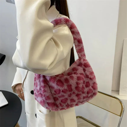 Y2k Korean Plush Retro Leopard Print Bags for Women Underarm Bags Leopard Zebra Pattern Fluffy Tote Bags Small Purses Handbags