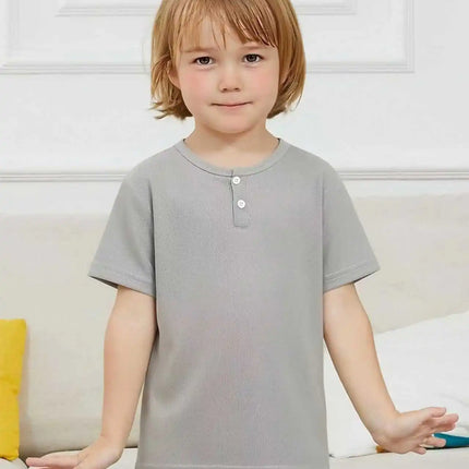 Summer children's solid color fashionable short sleeved button fashion Henry shirt boys and girls casual T-shirt versatile top