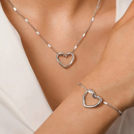 Uorich Classic Simple Hollow Out Loving Heart Necklace Bracelet for Women Unisex Stainless Steel Jewelry Set Gifts Daily Wear