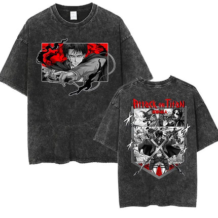 Anime Attack on Titan Vintage Washed Print T-shirt Mikasa Ackerman Eren Jaeger Wings of Freedom Logo Men's Summer Cotton T-shirts