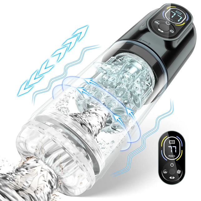 New LCD Automatic Male Mastubator Penis Pump With 7 Vibrating Rotating Thrusting & Licking Modes Pocket Pussy Sex Toys for Men