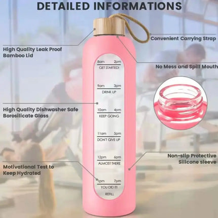 New 32oz 1L Time-marked Glass Water Bottles Bamboo Lid Free of Lead Motivational Sport Silicone Sleeve Portable Drink BottleGift