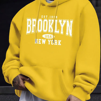 Men's autumn and winter casual fashion loose Brooklyn New York letter printed long sleeved hooded sweatshirt warm pullover