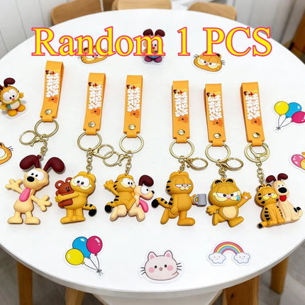 Garfield 3D Silicone Keychain Set Cartoon Cat Figure Bag Charm Backpack Pendant Milk Cup Teddy Bear Decor Daily Birthday Gift