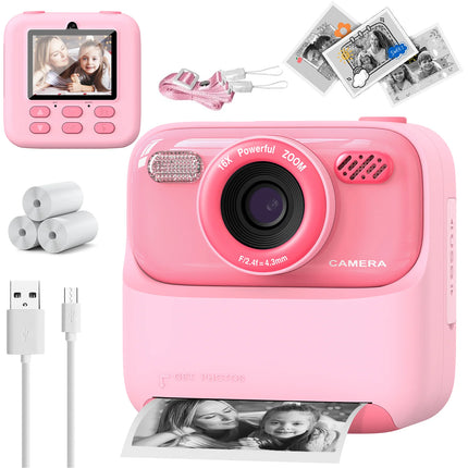 Kids Instant Print Camera 1080P HD Dual Lens Selfie Camera with Flash 3 Rolls Paper 2.0" Screen Games Digital Camera for Boys