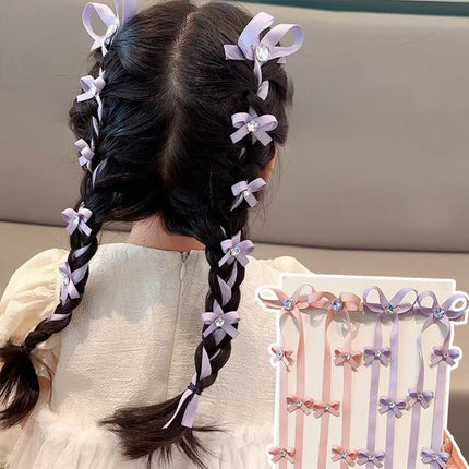 2PCS/Set Long Ribbon Bow Hair Clips for Girl Shiny Rhinestone Braided Hairband Sweet Baby Tassel Headdress Kids Hair Accessories