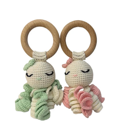 Handmade Crochet Rattle Play Gym Pendant for Kids Ocean Crochet Octopus Rattle Mobile Bell Ring Wooden Babies Gym Montessori Toy