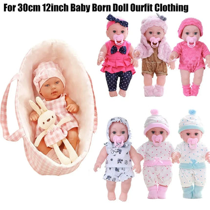For 12 Inch 30cm Baby Reborn Dolls Outfits Clothing Carry Cot Cartoon Bear Winter Pajamas Jumpsuit Plush Clothes Accessories