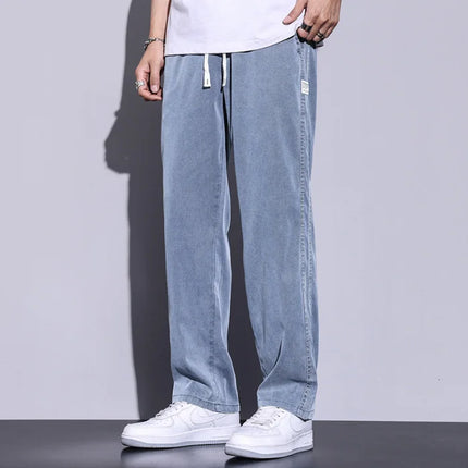 Men's Summer New Ultra Thin Baggy Lyocell Soft Breathable Straight Trousers Elastic Waist Casual Trousers Plus Size M-5XL