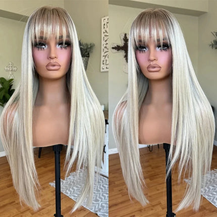 Ombre Platinum Blonde Wig Straight Lace Front Wig With Bangs 13x4 HD High Quality Synthetic And Blend Lace Pre Plucked Cosplay