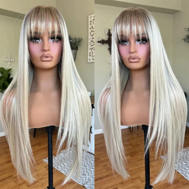 Ombre Platinum Blonde Wig Straight Lace Front Wig With Bangs 13x4 HD High Quality Synthetic And Blend Lace Pre Plucked Cosplay