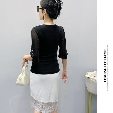 2025 Spring Summer Mesh Tops Korean Fashion Diamond T Shirt Slim 3/4 Sleeve Hollow Out Casual Women Shirt