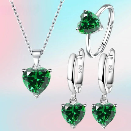 Fine 925 Sterling Silver Jewelry Gift Sets for Women Female Romantic Heart Zircon Huggie Earrings Pendant Necklace Ring