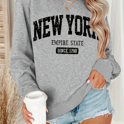 Women's Casual NEW YORK Print Pullover Sweatshirt Geometric Design Long Sleeve Round Neck Machine Washable Regular Fit for Autum