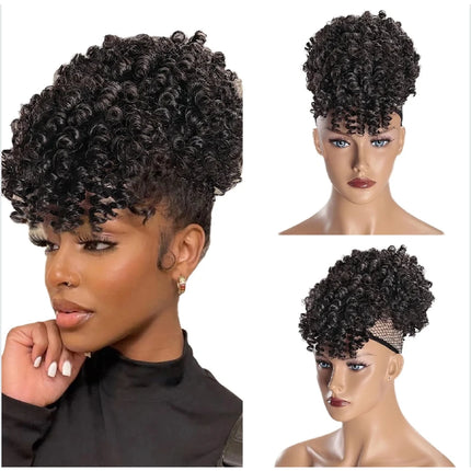 Synthetic Afro Puff Drawstring Ponytail with Bangs Pineapple Updo Hair for Black Women Short Kinky Curly Ponytail Bun