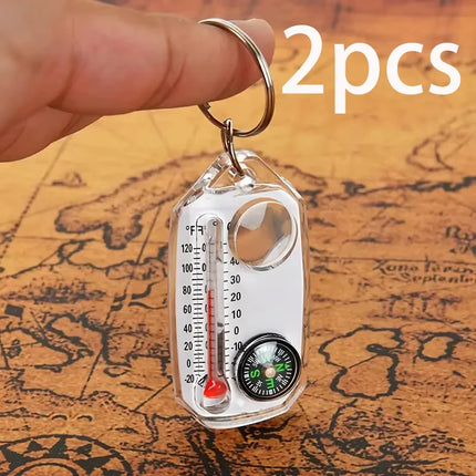 3 in 1 Keychain Compass Portable Mini Keychain Outdoor Thermometer Magnifying Glass Compass, Camping Essentials, Survival Tools,