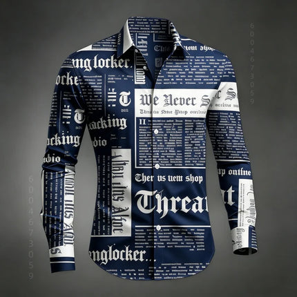 Men's Shirt Long Sleeved Shirt Newspaper Letter Print Retro Casual Single Breasted Shirt Street Style Trendy Men's Top XS-6XL