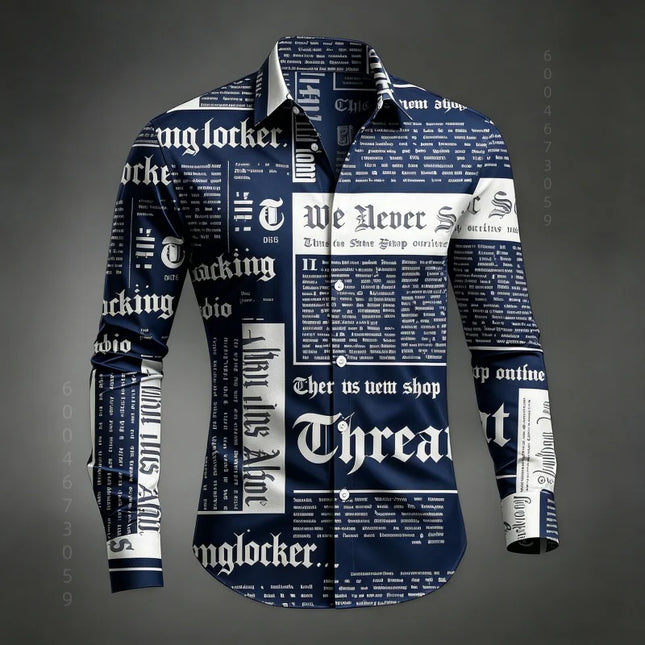 Men's Shirt Long Sleeved Shirt Newspaper Letter Print Retro Casual Single Breasted Shirt Street Style Trendy Men's Top XS-6XL