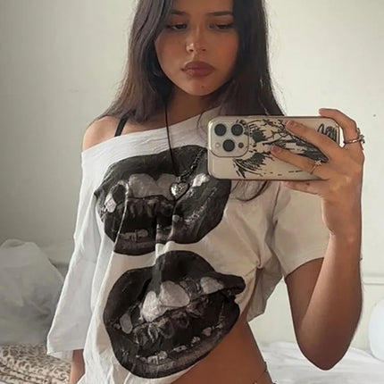 American Street Hip Hop Mouth Print Loose T-shirt Women Personalized Casual Top