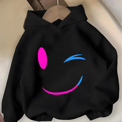 2026 autumn and winter simple smiling face printed hoodie for boys and girls outdoor leisure fashion sports sweatshirt