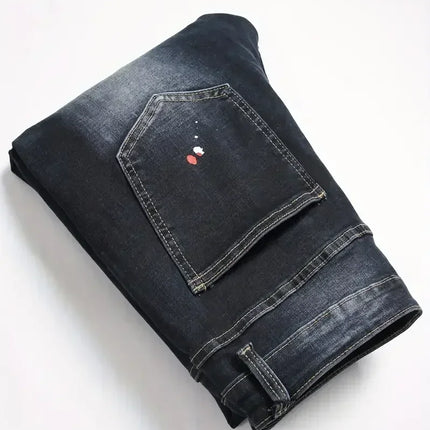 Men y2k Stretchy Denim jeans Ripped Skinny Letter Print elastic waist Casual pants for men Hole Slim Fit Denim Hip Hop Trousers