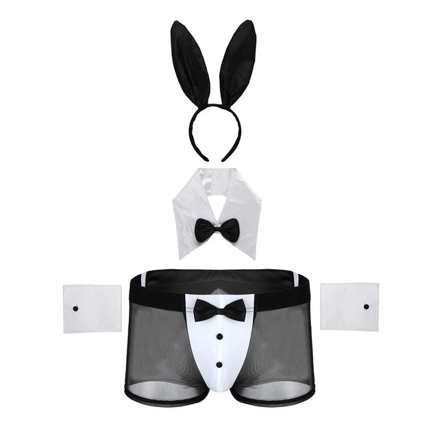 4pcs Men's Bartender Costume Waiter Outfit Sexy Costume Role Play Clubwear Underwear Set Bunny Ears Mesh Boxer Shorts Sexy Suit