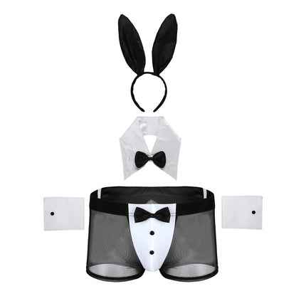 4pcs Mens Bartender Costume Waiter Outfit Sexy Costume Role Play Clubwear Underwear Set Bunny Ears Mesh Boxer Shorts Sexy Suit