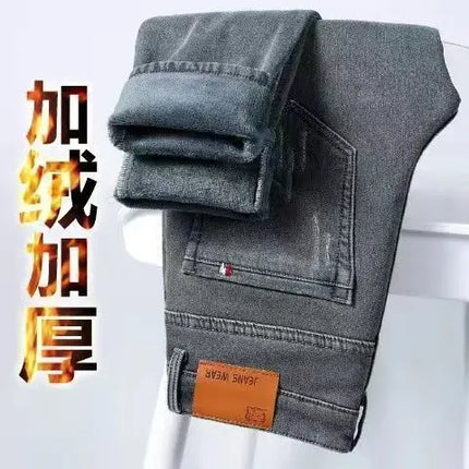 Denim Winter Velvet Thickened Slim-fitting Small Feet Elastic Casual Warm Men's Pants Cotton Trousers Jeans for Men Streetwear