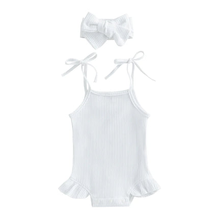 FOCUSNORM 0-18M Infant Baby Girls Sweet Romper Solid Color Knitted Ribbed Tie-Up Spaghetti Straps Sleeveless Ruffles Jumpsuits