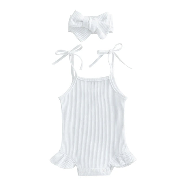 FOCUSNORM 0-18M Infant Baby Girls Sweet Romper Solid Color Knitted Ribbed Tie-Up Spaghetti Straps Sleeveless Ruffles Jumpsuits