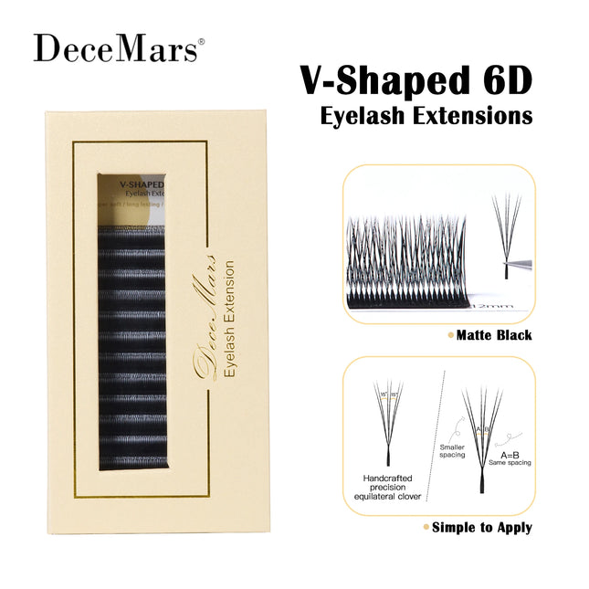 DeceMars V-shaped 6D eyelash extensions Matte Black 12 Rows/Tray for Makeup