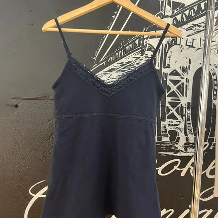 Navy Bow Lace Trim Slim Tank Top Women Sexy V Neck Cotton Sleeveless Cropped Vest Casual Vintage Sweet Summer Crop Top Y2k Camis