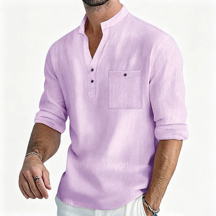 Men Mandarin Collar Long Sleeve Henley Cotton Linen Shirt With Chest Pocket Breathable Lightweight Beach Travel Daily Casual Top