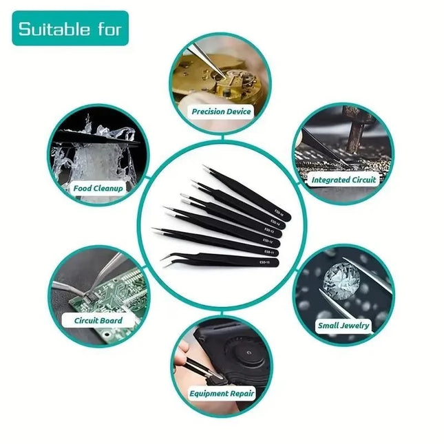 6-piece precision long tweezers ESD anti-static stainless steel tweezers electronic repair welding tools nail art brick clamp