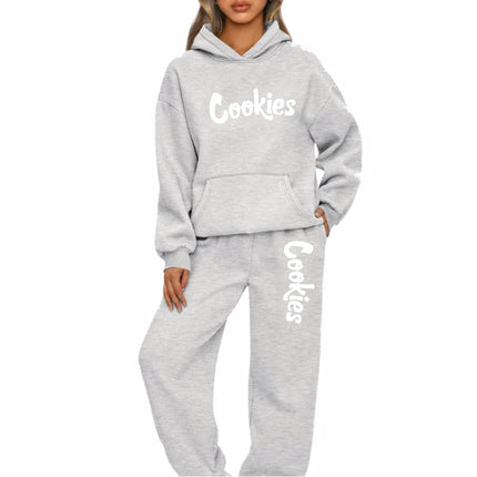 Women Hoodies Two Piece Sets Cookies Printing Hooded Sweatshirt Sweatpants Casual Suit Female Outwear and Trousers