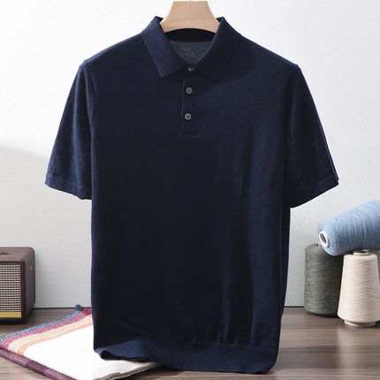 High quality 100% pure spun cashmere men's T-shirt casual solid color knitted pullover short sleeved POLO Neck Tees basic Tops