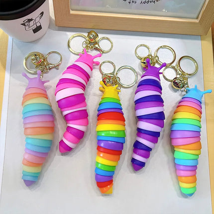 Cute Fidget Slug Keychain Toys 3D Articulated Stretch Caterpillar Sensory Stress Relief Flexible Keyring Bag Phone Pendent Charm