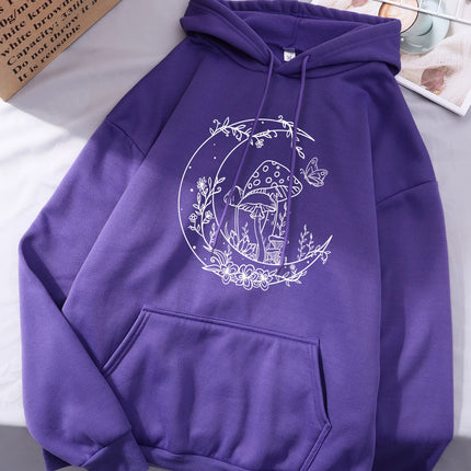 Mushroom Butterfly Moon Flower Prints Women Hoodies Autumn Pocket Streetwear Loose Casual Pullover Comfortable Fleece Hoody
