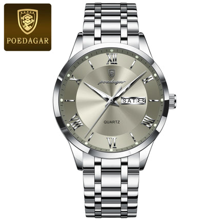 POEDAGAR Luxury Man Clock Waterproof Luminous Week Date Fashion Men's Wristwatch Stainless Steel Business Quartz Watches For Men