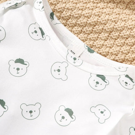 3-24 Months Baby Boy Cute Little Bear Printed Clothing Set White Long Sleeved Top+Green Strap Pants Autumn Set for Toddler Girl