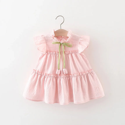 Summer New Pink Tulip Baby Girl Dress, Cute Ruffled Sleeve Children's Clothing For Babies Aged 9 Months To 4 Years Old