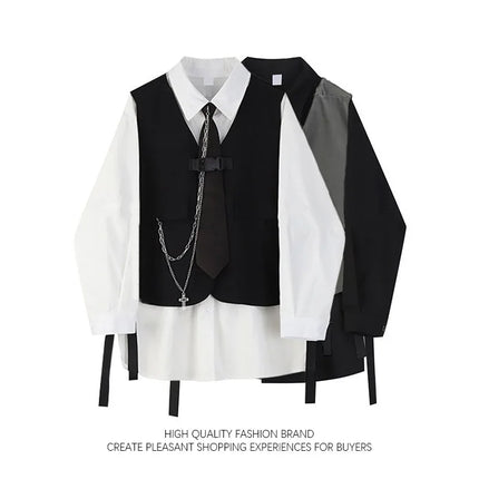 Men Women Gothic Shirt Suit Korean Loose Long-sleeved Blouse Functional Workwear Suit Vest Two-piece Set 2023 Spring Autumn Top