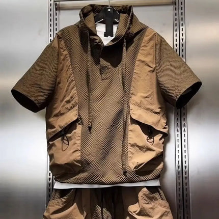 Fashionable Workwear Breathable Quick-drying Sports Suit Men's Textured Casual Hooded Short-sleeved Shorts Two-piece Set